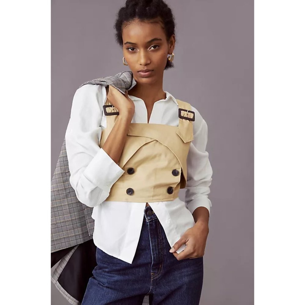 Anthropologie Eva Franco Beige Trench Buttoned Blouse with Straps